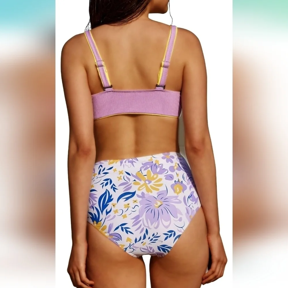 Jollkichay Purple & Yellow Knot‎ Tie Top with Floral High Waisted Bottom Bikini